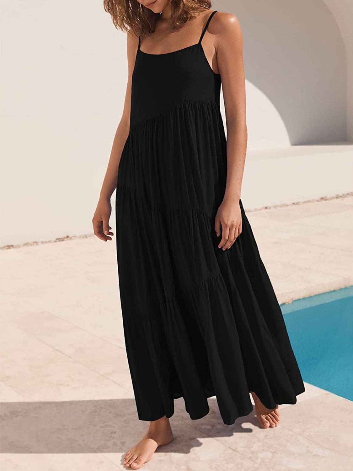 Trendsi Black / S Full Size Ruched Tiered Spaghetti Strap Dress Full Size Ruched Tiered Spaghetti Strap Dress