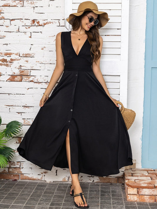 Trendsi Black / S Full Size Slit V-Neck Sleeveless Midi Dress Full Size Slit V-Neck Sleeveless Midi Dress