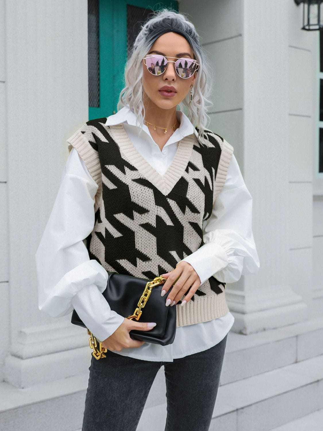 Trendsi Black / S Houndstooth V-Neck Sweater Vest Houndstooth V-Neck Sweater Vest