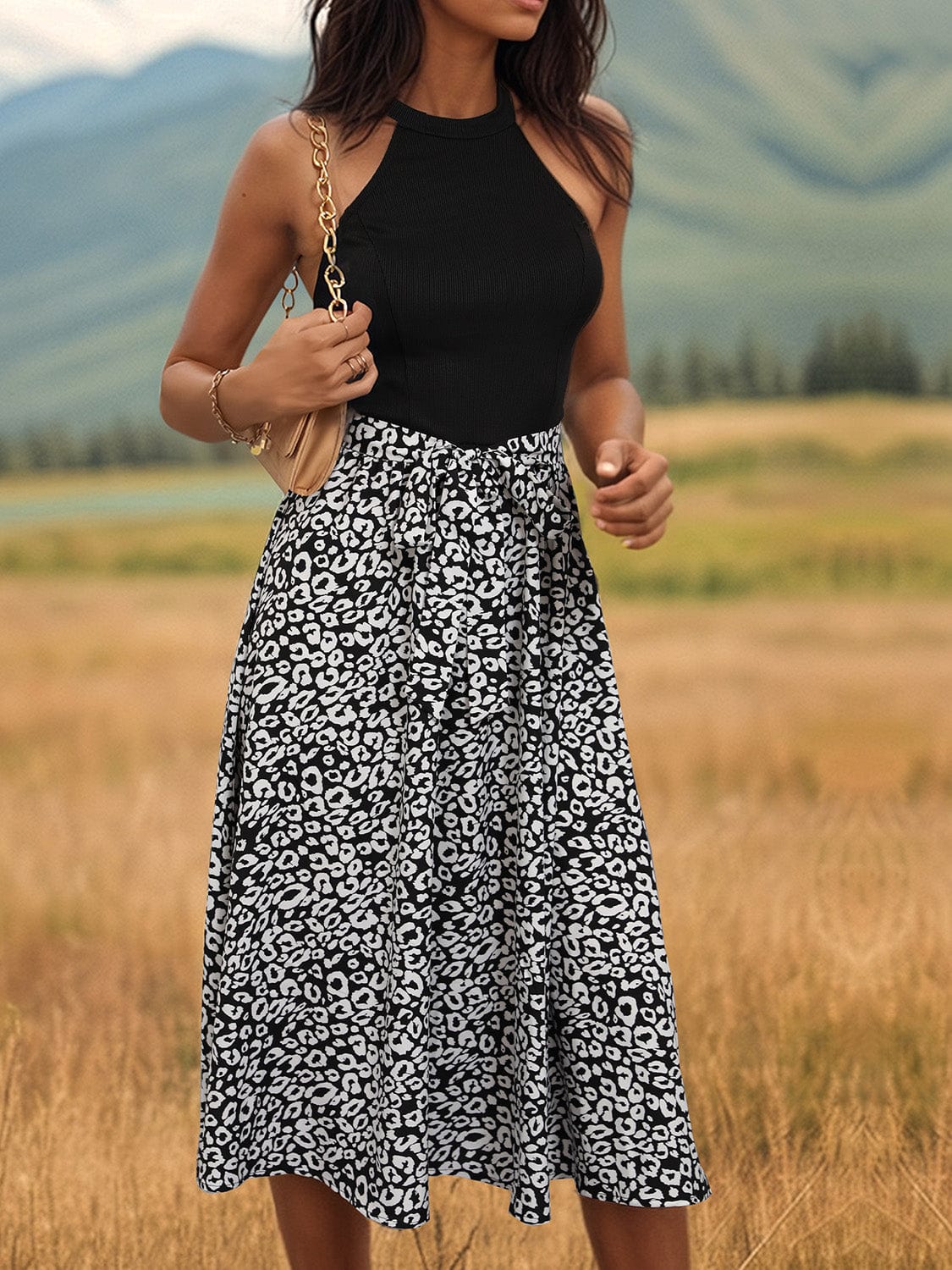 Trendsi Black / S Leopard Halter Neck Midi Dress Leopard Halter Neck Midi Dress