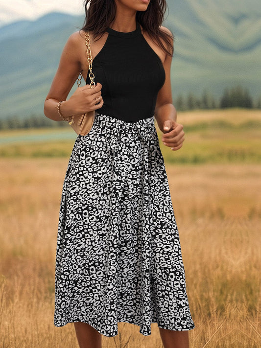 Trendsi Black / S Leopard Halter Neck Midi Dress Leopard Halter Neck Midi Dress