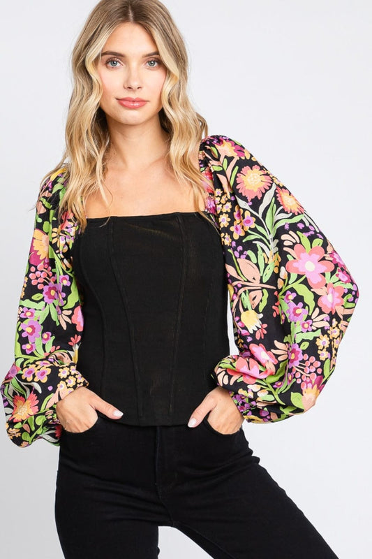 Trendsi Black / S ODDI Full Size Floral Balloon Sleeve Blouse ODDI Full Size Floral Balloon Sleeve Blouse