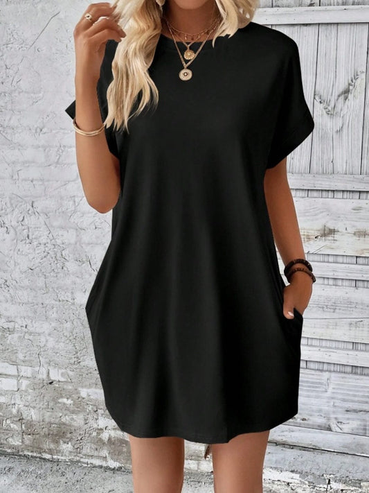 Trendsi Black / S Pocketed Round Neck Short Sleeve Dress Pocketed Round Neck Short Sleeve Dress