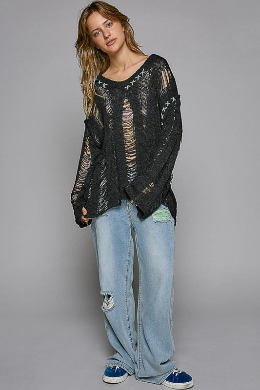 Trendsi Black / S POL Distressed Dropped Shoulder Long Sleeve Knit Top POL Distressed Dropped Shoulder Long Sleeve Knit Top