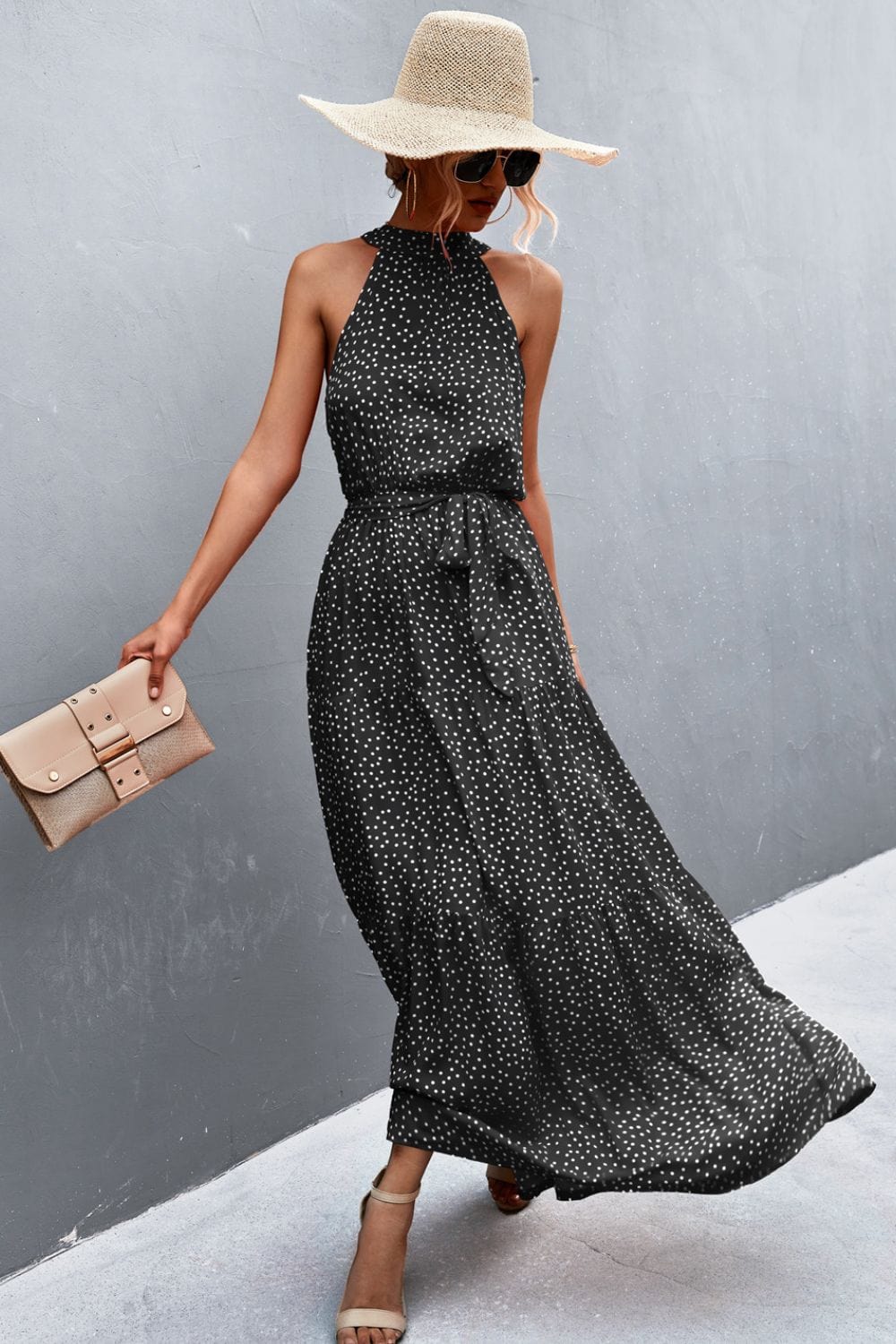 Trendsi Black / S Printed Sleeveless Tie Waist Maxi Dress Printed Sleeveless Tie Waist Maxi Dress