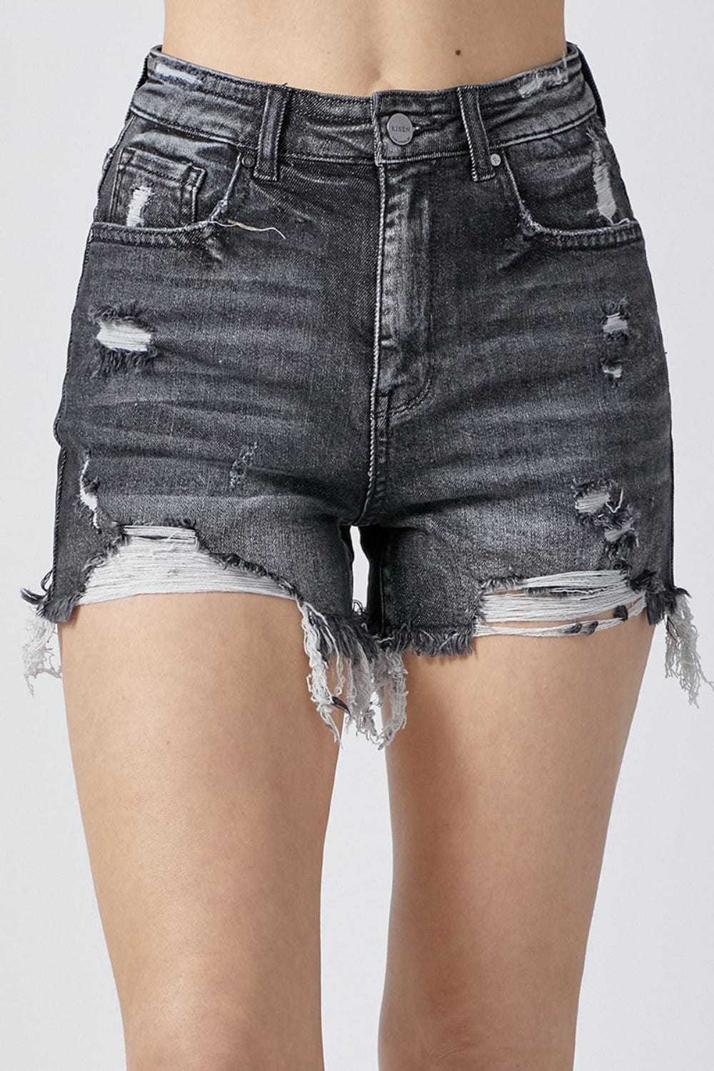 Trendsi Black / S RISEN Full Size High Rise Distressed Denim Shorts RISEN Full Size High Rise Distressed Denim Shorts