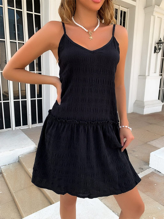 Trendsi Black / S Ruffle Hem Textured V-Neck Cami Dress Ruffle Hem Textured V-Neck Cami Dress