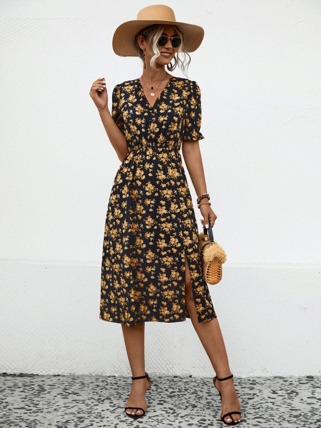 Trendsi Black / S Slit Printed V-Neck Short Sleeve Dress Slit Printed V-Neck Short Sleeve Dress