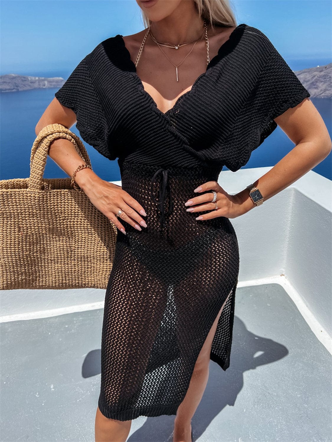 Trendsi Black / S Slit Surplice Cap Sleeve Cover Up Slit Surplice Cap Sleeve Cover Up