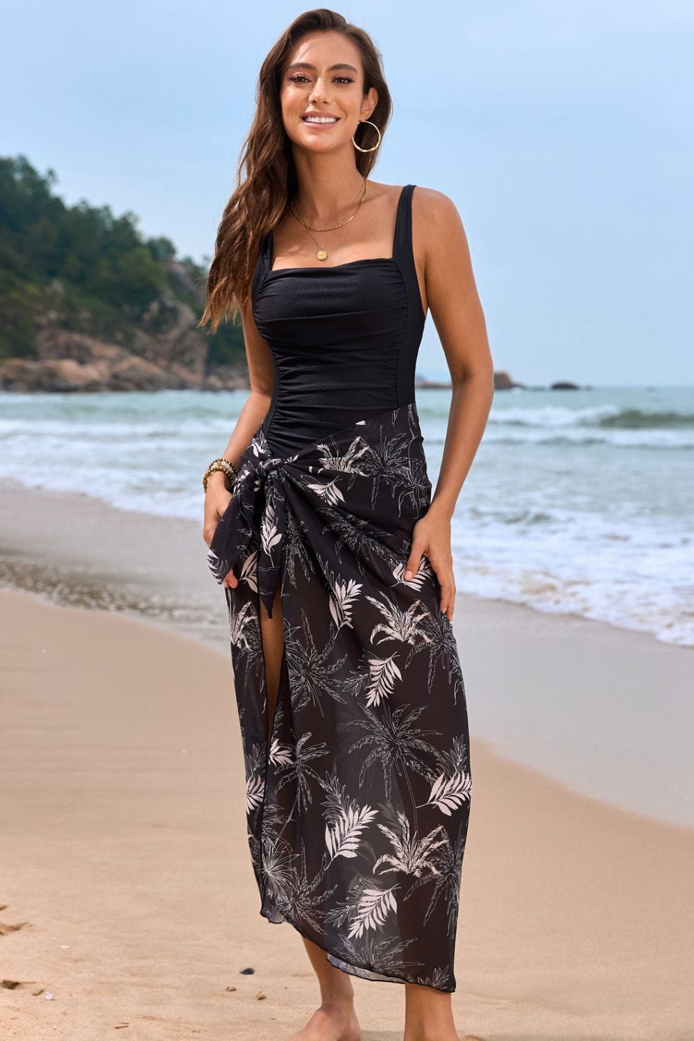 Trendsi Black / S Square Neck Printed One-Piece Swimwear and Cover Up Swim Set Square Neck Printed One-Piece Swimwear and Cover Up Swim Set
