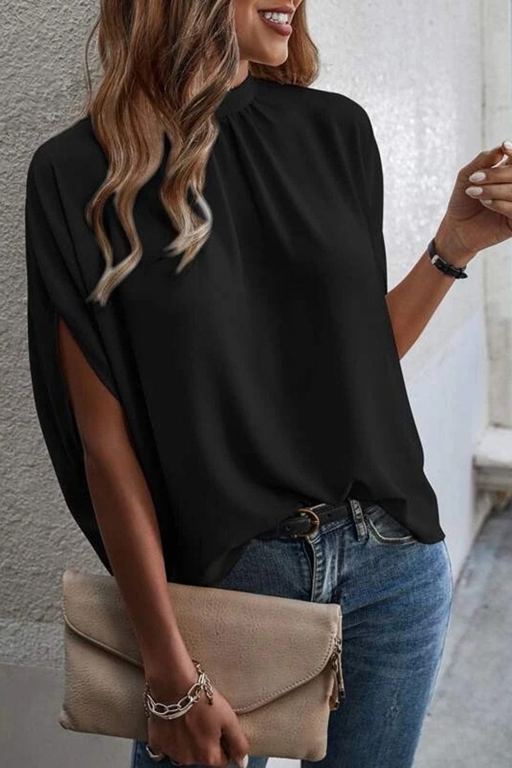 Trendsi Black / S Tie Back Slit Half Sleeve Blouse Tie Back Slit Half Sleeve Blouse