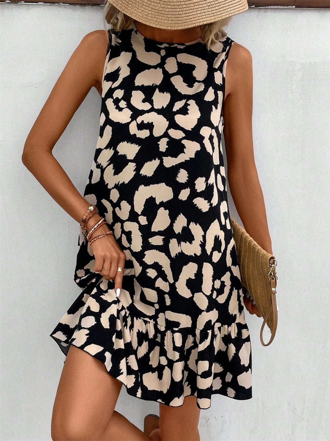 Trendsi Black / S Tied Leopard Round Neck Tank Dress Tied Leopard Round Neck Tank Dress