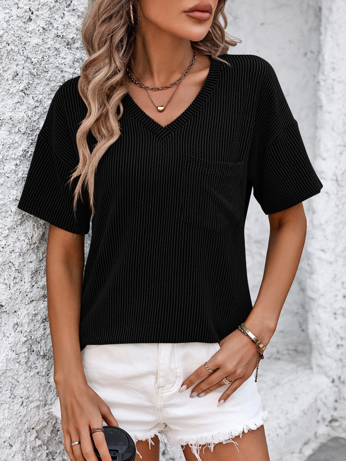 Trendsi Black / S V-Neck Dropped Shoulder T-Shirt V-Neck Dropped Shoulder T-Shirt