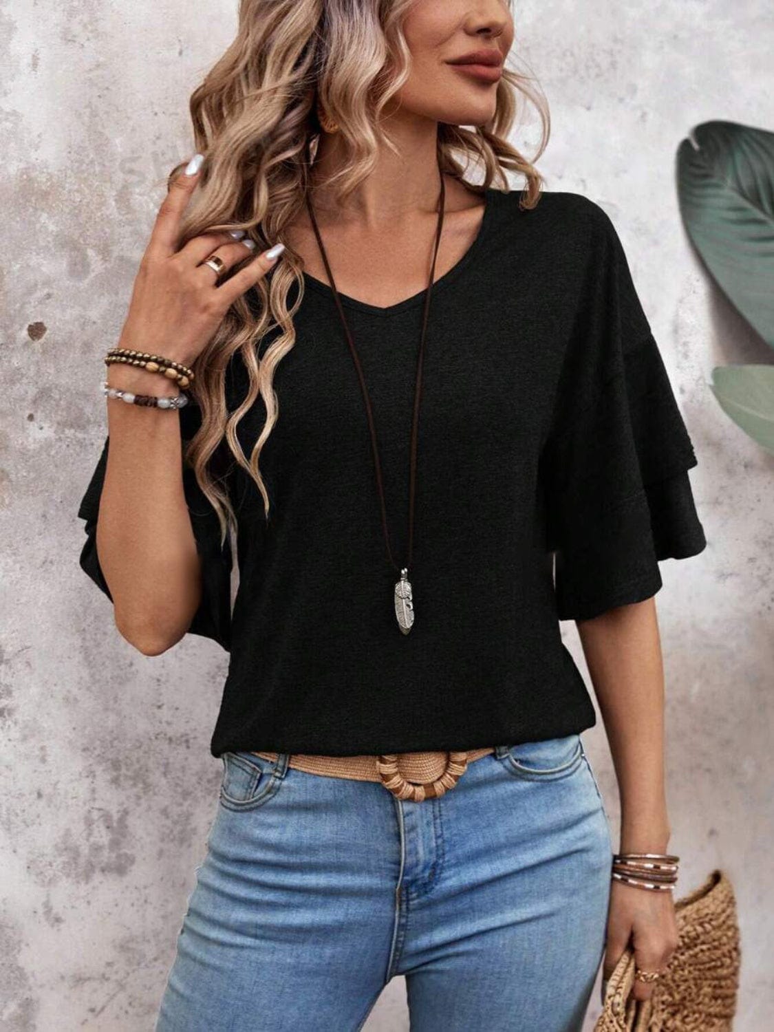 Trendsi Black / S V-Neck Half Sleeve Blouse V-Neck Half Sleeve Blouse