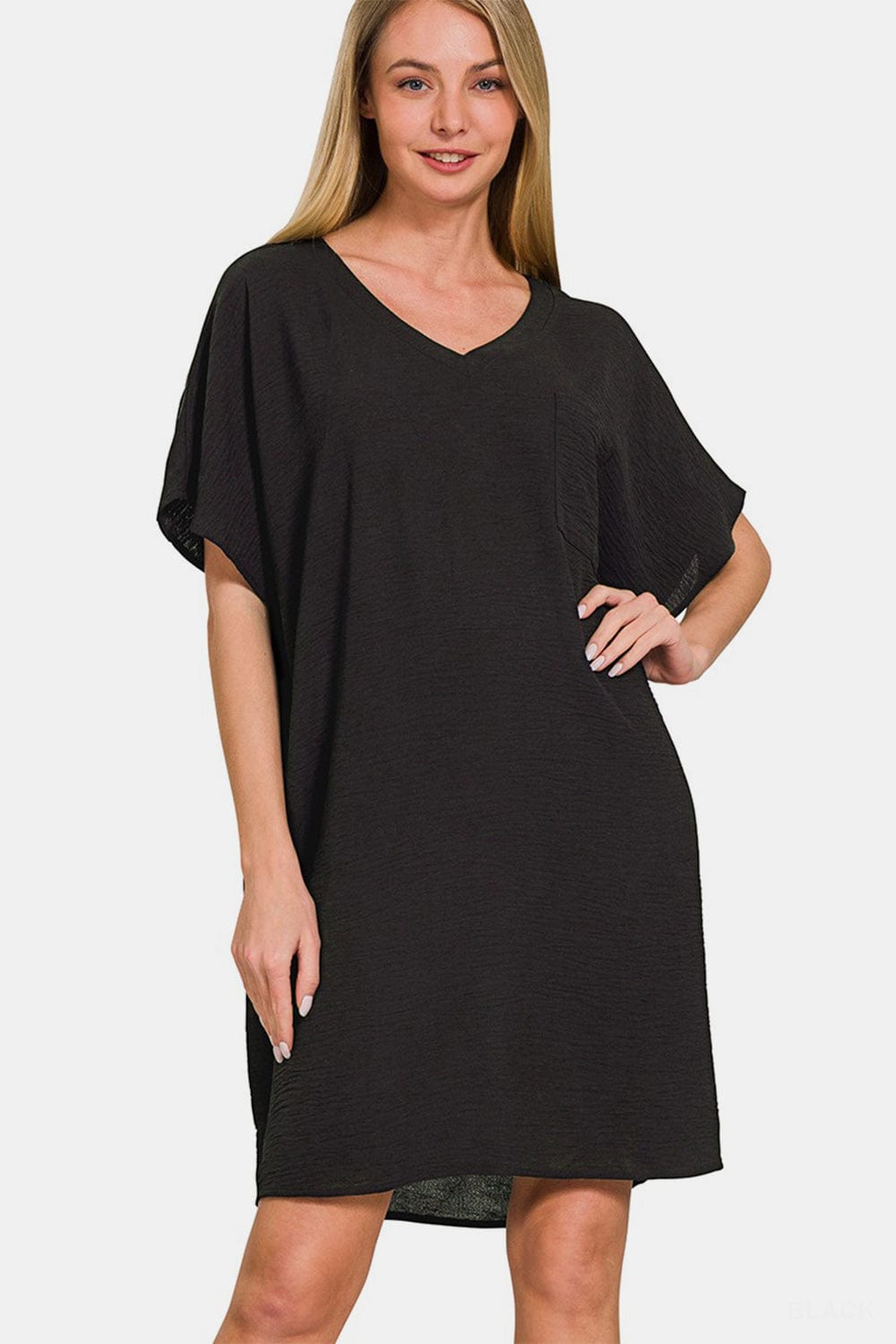 Trendsi Black / S Zenana V-Neck Tee Dress with Pockets Zenana V-Neck Tee Dress with Pockets