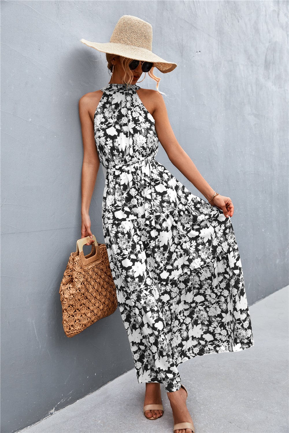 Trendsi Black/White/Floral / S Printed Sleeveless Tie Waist Maxi Dress Printed Sleeveless Tie Waist Maxi Dress