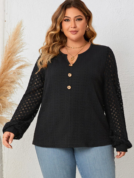 Trendsi Black / XL Plus Size Openwork Notched Button Front Blouse Plus Size Openwork Notched Button Front Blouse