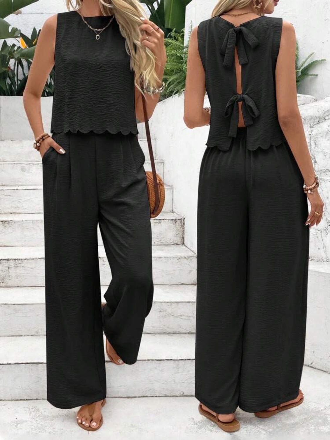 Trendsi Black / XL Tie Back Round Neck Top and Pants Set Tie Back Round Neck Top and Pants Set