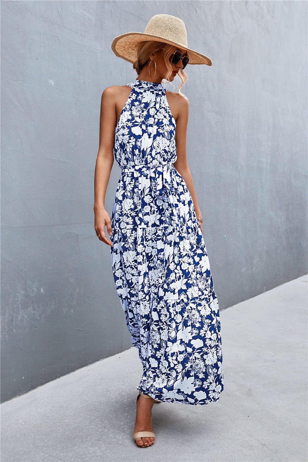 Trendsi Blue/Floral / S Printed Sleeveless Tie Waist Maxi Dress Printed Sleeveless Tie Waist Maxi Dress