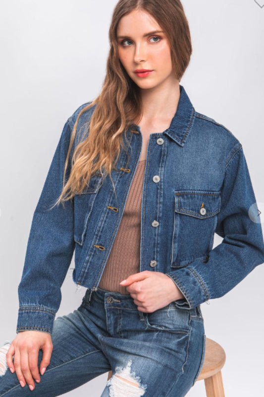 Trendsi BLUE / S Love Tree Raw Hem Button Up Cropped Denim Jacket Love Tree Raw Hem Button Up Cropped Denim Jacket