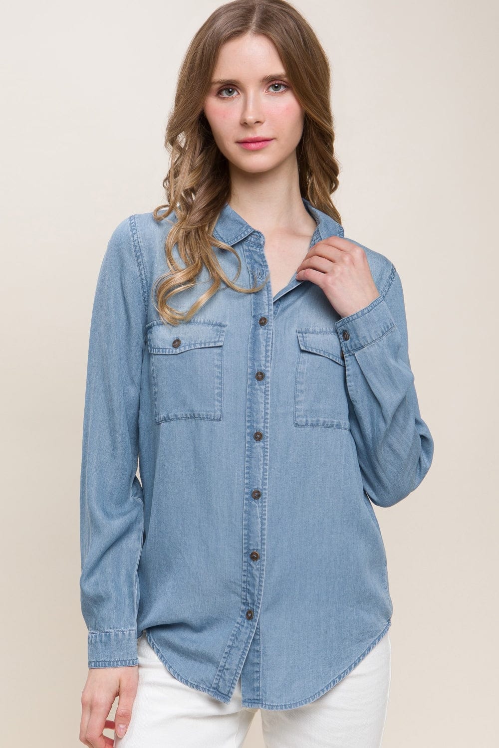 Trendsi Blue / S Love Tree Scooped Hem Button Up Denim Shirt Love Tree Scooped Hem Button Up Denim Shirt