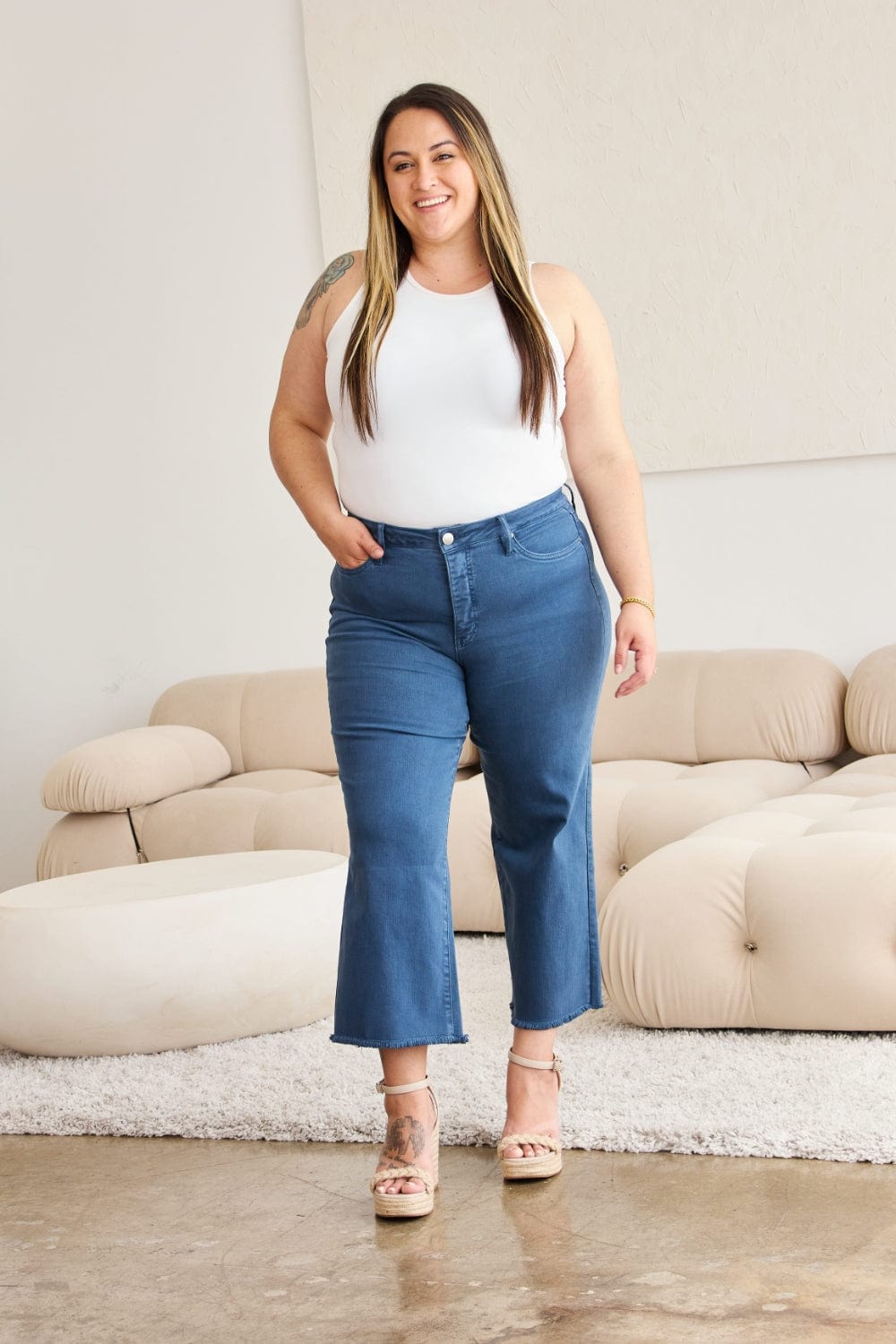 Trendsi Blue Slate / 23 RFM Crop Chloe Full Size Tummy Control High Waist Raw Hem Jeans RFM Crop Chloe Full Size Tummy Control High Waist Raw Hem Jeans