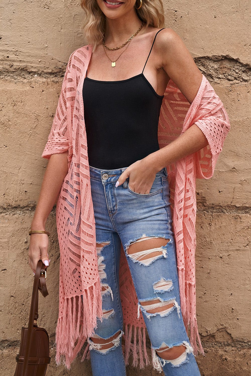 Trendsi Blush Pink / One Size Openwork Open Front Cardigan with Fringes Openwork Open Front Cardigan with Fringes