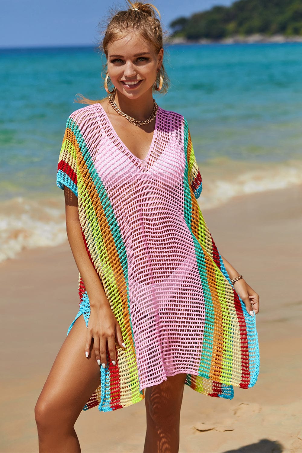 Trendsi Blush Pink / One Size Openwork Striped Slit Knit Cover Up Openwork Striped Slit Knit Cover Up