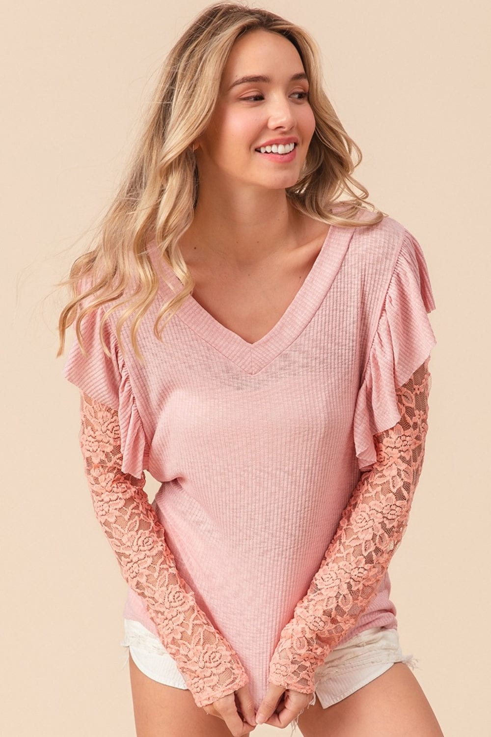 Trendsi Blush Pink / S BiBi Ruffled Lace Sleeve Rib Knit Top BiBi Ruffled Lace Sleeve Rib Knit Top