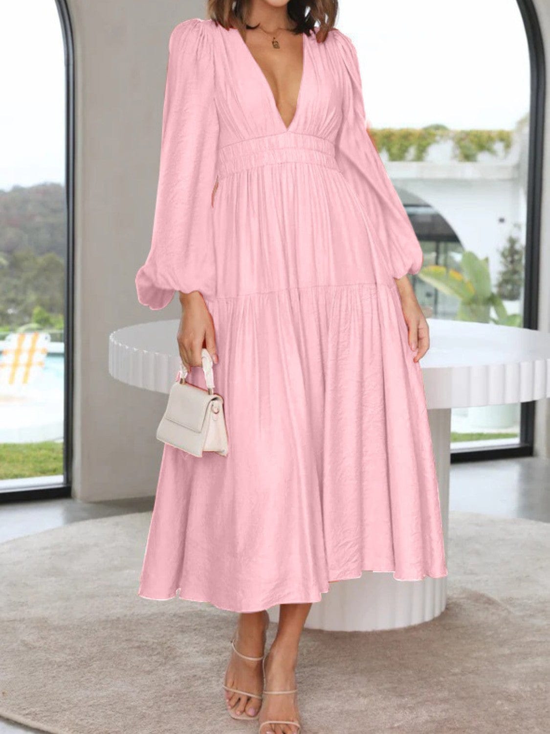 Trendsi Blush Pink / S Deep V-Neck Balloon Sleeve Plain Maxi Dress Deep V-Neck Balloon Sleeve Plain Maxi Dress