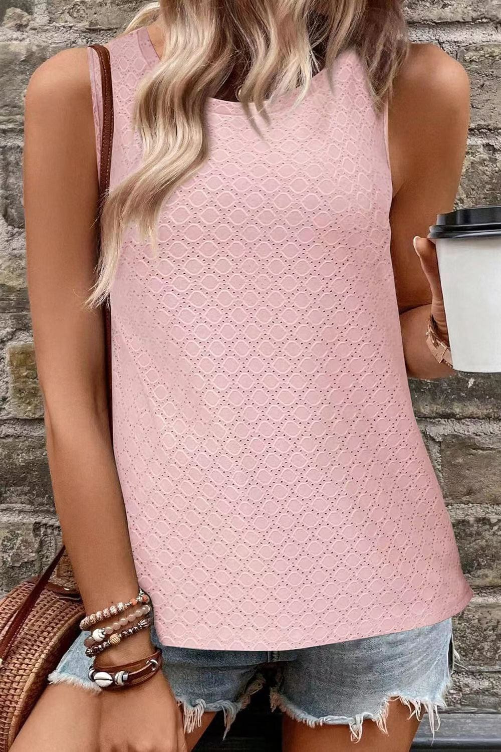 Trendsi Blush Pink / S Eyelet Round Neck Tank Eyelet Round Neck Tank