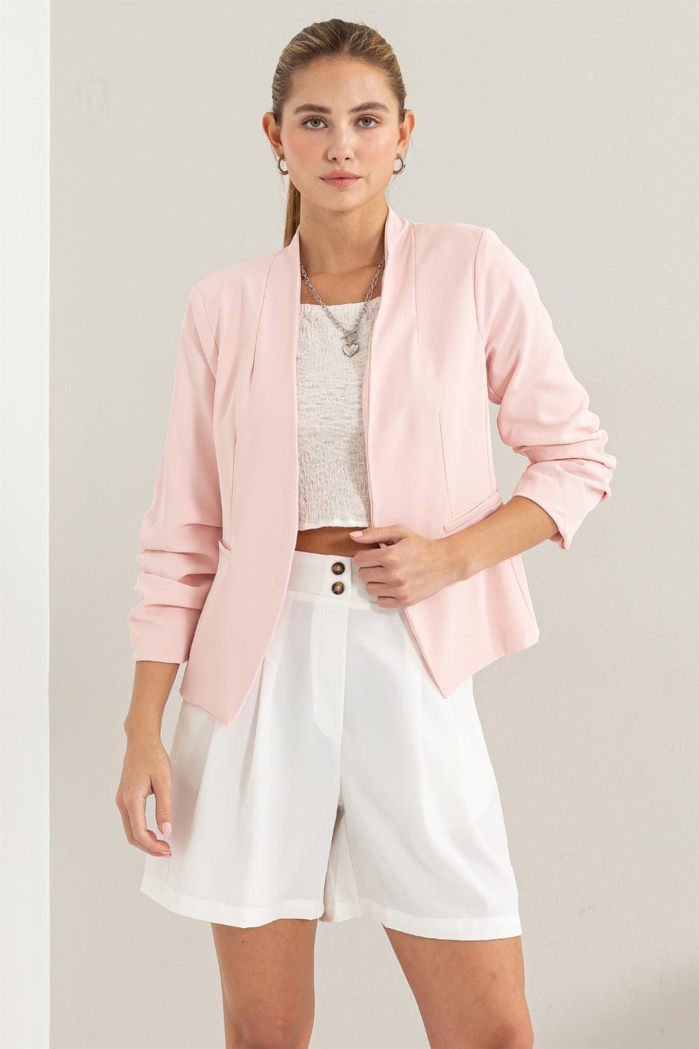 Trendsi Blush / S HYFVE Open Front Ruched Sleeve Blazer HYFVE Open Front Ruched Sleeve Blazer