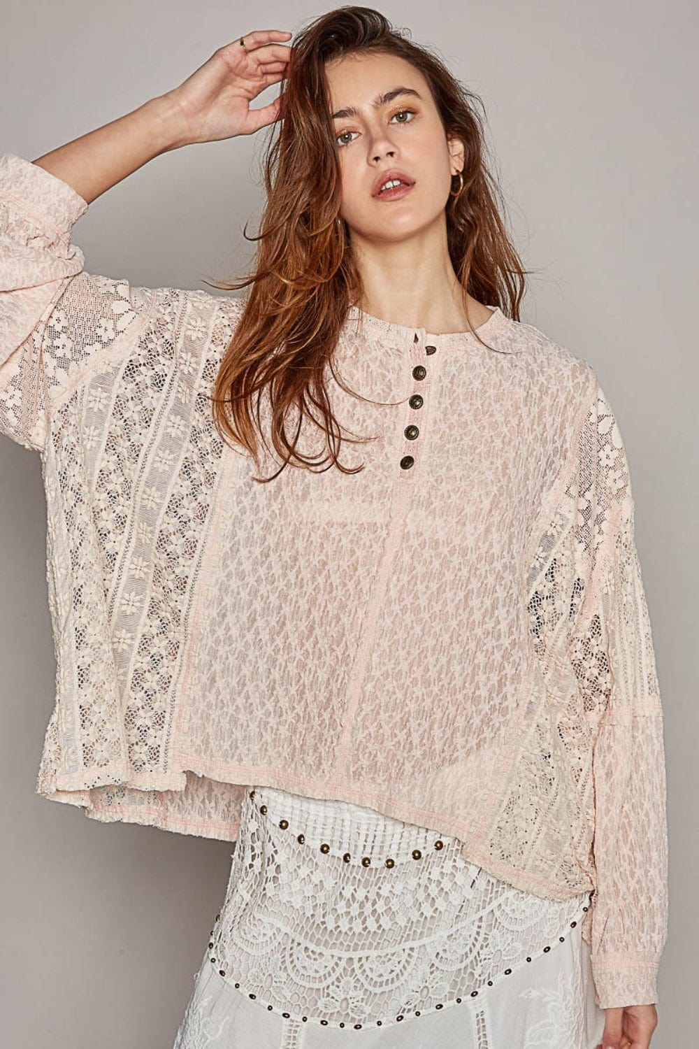 Trendsi Blush / S POL Round Neck Long Sleeve Raw Edge Lace Top POL Round Neck Long Sleeve Raw Edge Lace Top