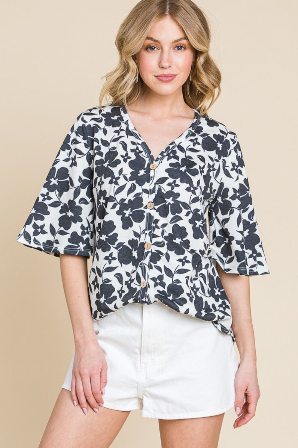 Trendsi BOMBOM Floral Decorative Button V-Neck Top BOMBOM Floral Decorative Button V-Neck Top