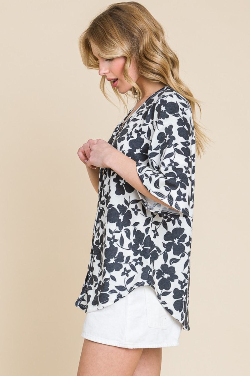 Trendsi BOMBOM Floral Decorative Button V-Neck Top BOMBOM Floral Decorative Button V-Neck Top