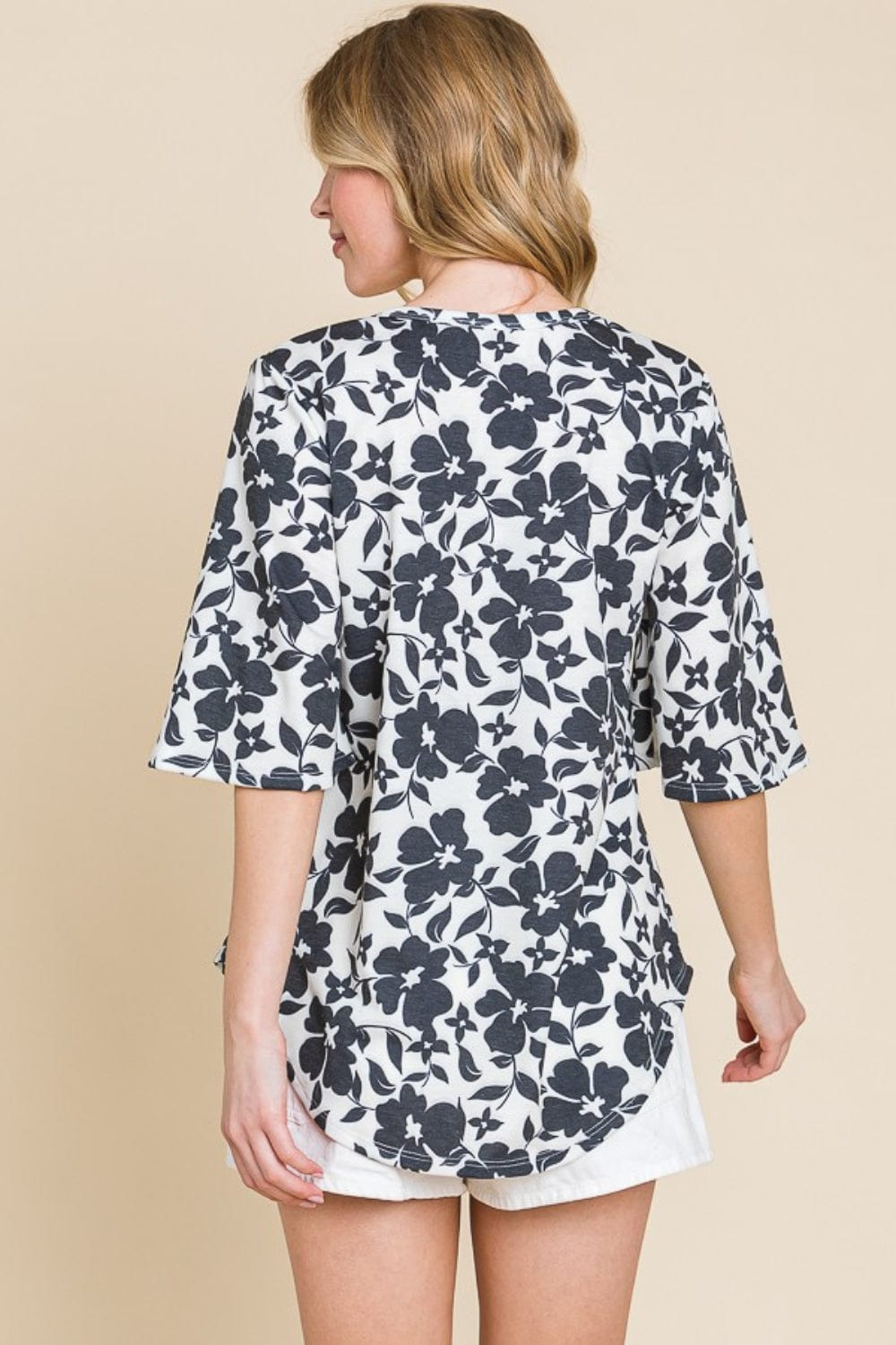 Trendsi BOMBOM Floral Decorative Button V-Neck Top BOMBOM Floral Decorative Button V-Neck Top