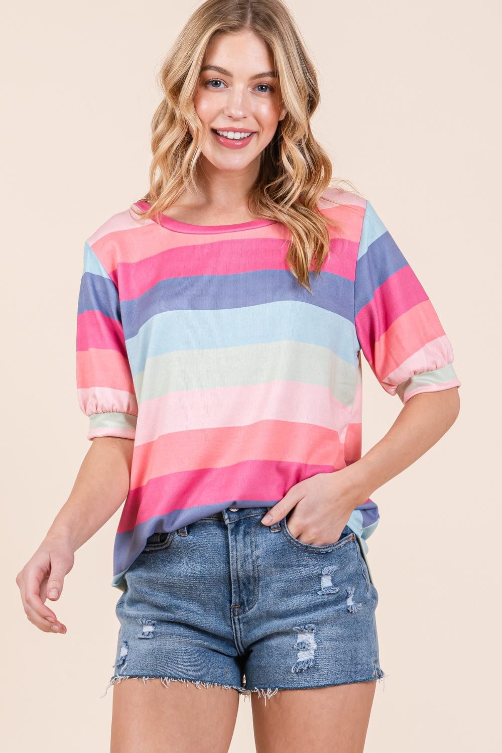 Trendsi BOMBOM Striped Round Neck Half Sleeve T-Shirt BOMBOM Striped Round Neck Half Sleeve T-Shirt