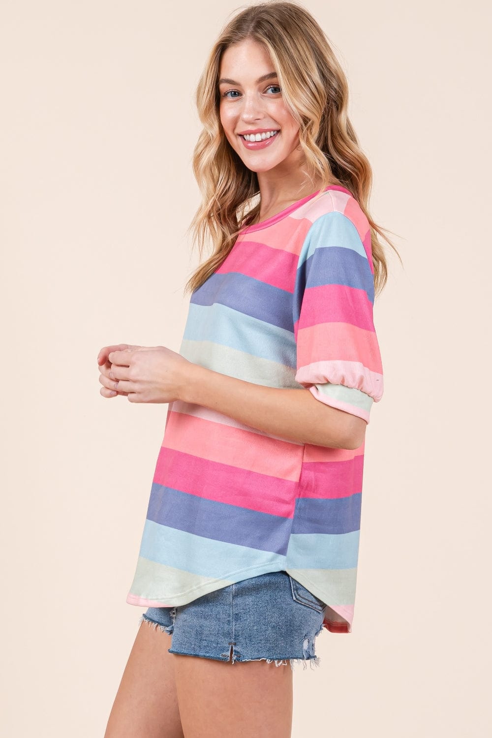 Trendsi BOMBOM Striped Round Neck Half Sleeve T-Shirt BOMBOM Striped Round Neck Half Sleeve T-Shirt