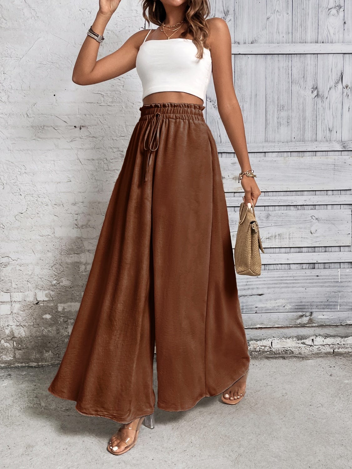 Trendsi Brown / S Tied High Waist Wide Leg Pants Tied High Waist Wide Leg Pants