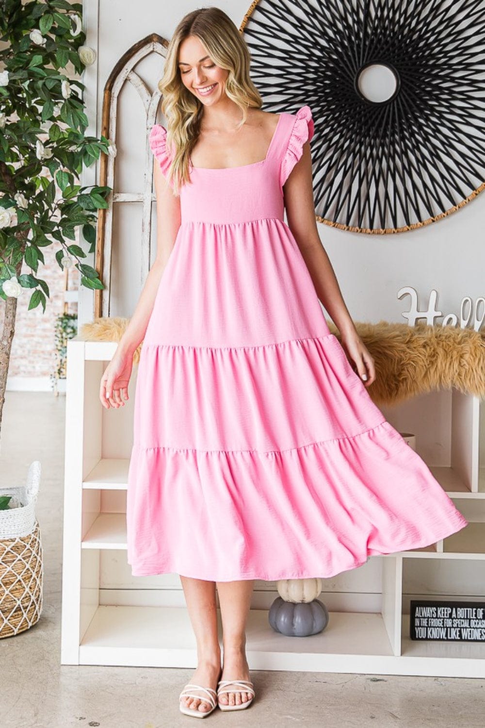 Trendsi Bubble Pink / S Reborn J Ruffled Sleeveless Tiered Midi Dress Reborn J Ruffled Sleeveless Tiered Midi Dress