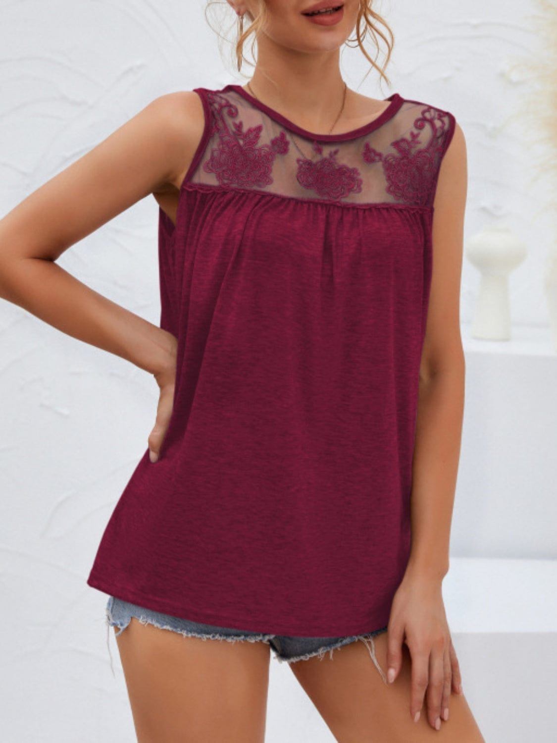 Trendsi Burgundy / S Lace Detail Round Neck Tank Lace Detail Round Neck Tank