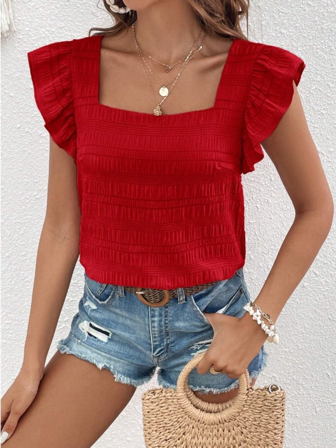 Trendsi Burgundy / S Ruffled Square Neck Cap Sleeve Blouse Ruffled Square Neck Cap Sleeve Blouse