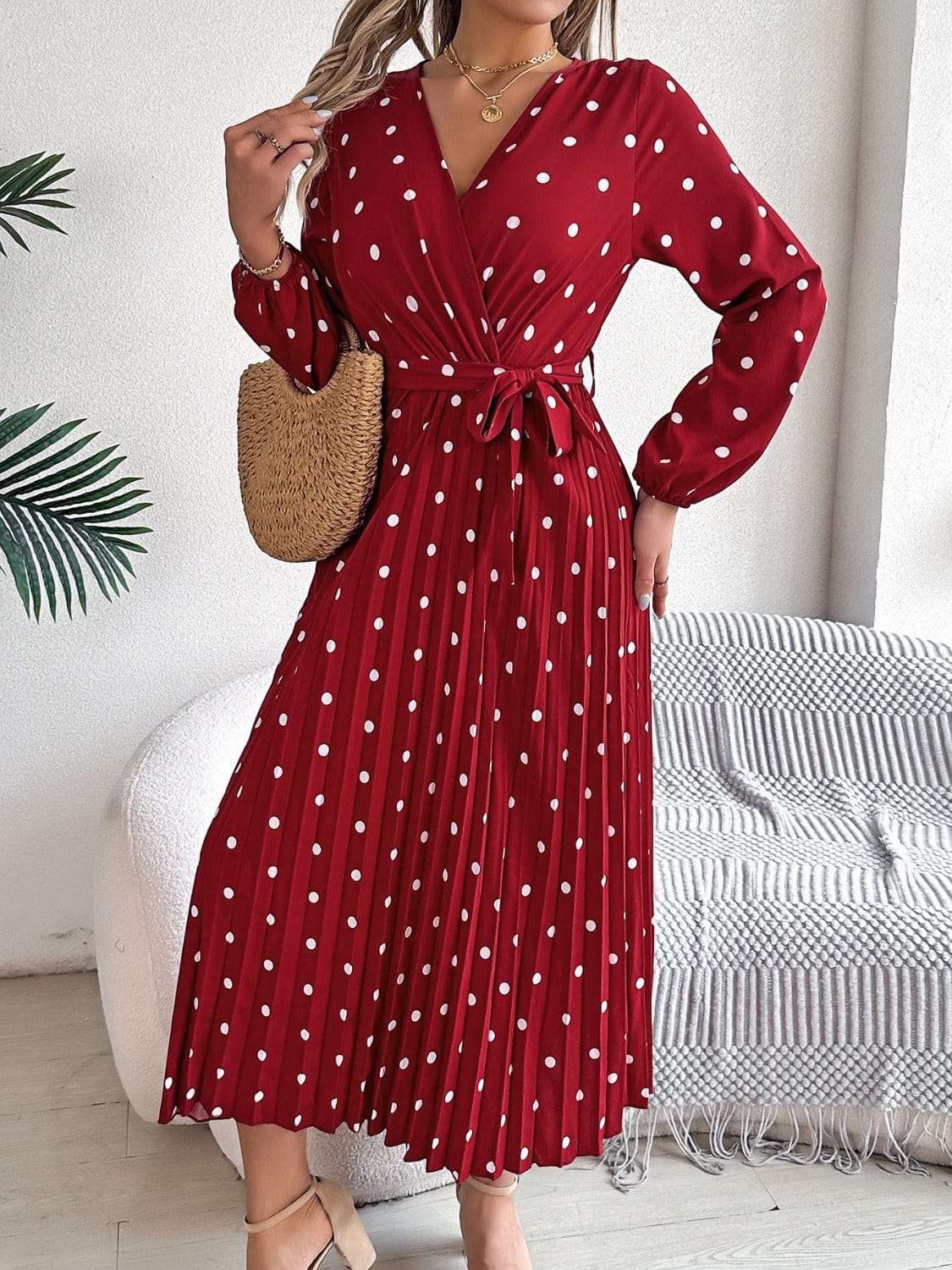 Trendsi Burgundy / S Tied Polka Dot Long Sleeve Midi Dress Tied Polka Dot Long Sleeve Midi Dress