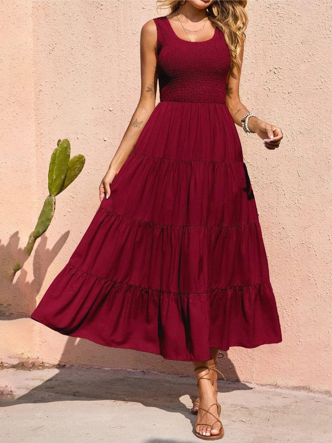 Trendsi Burgundy / S Tiered Smocked Wide Strap Dress Tiered Smocked Wide Strap Dress