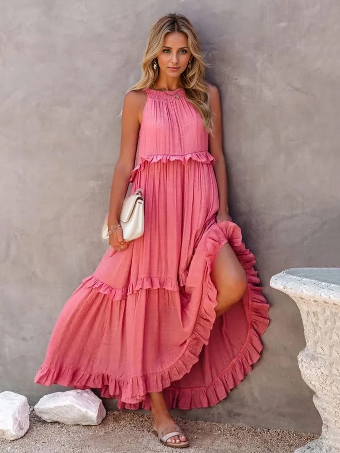 Trendsi Burnt Coral / S Ruffled Sleeveless Tiered Maxi Dress with Pockets Ruffled Sleeveless Tiered Maxi Dress with Pockets