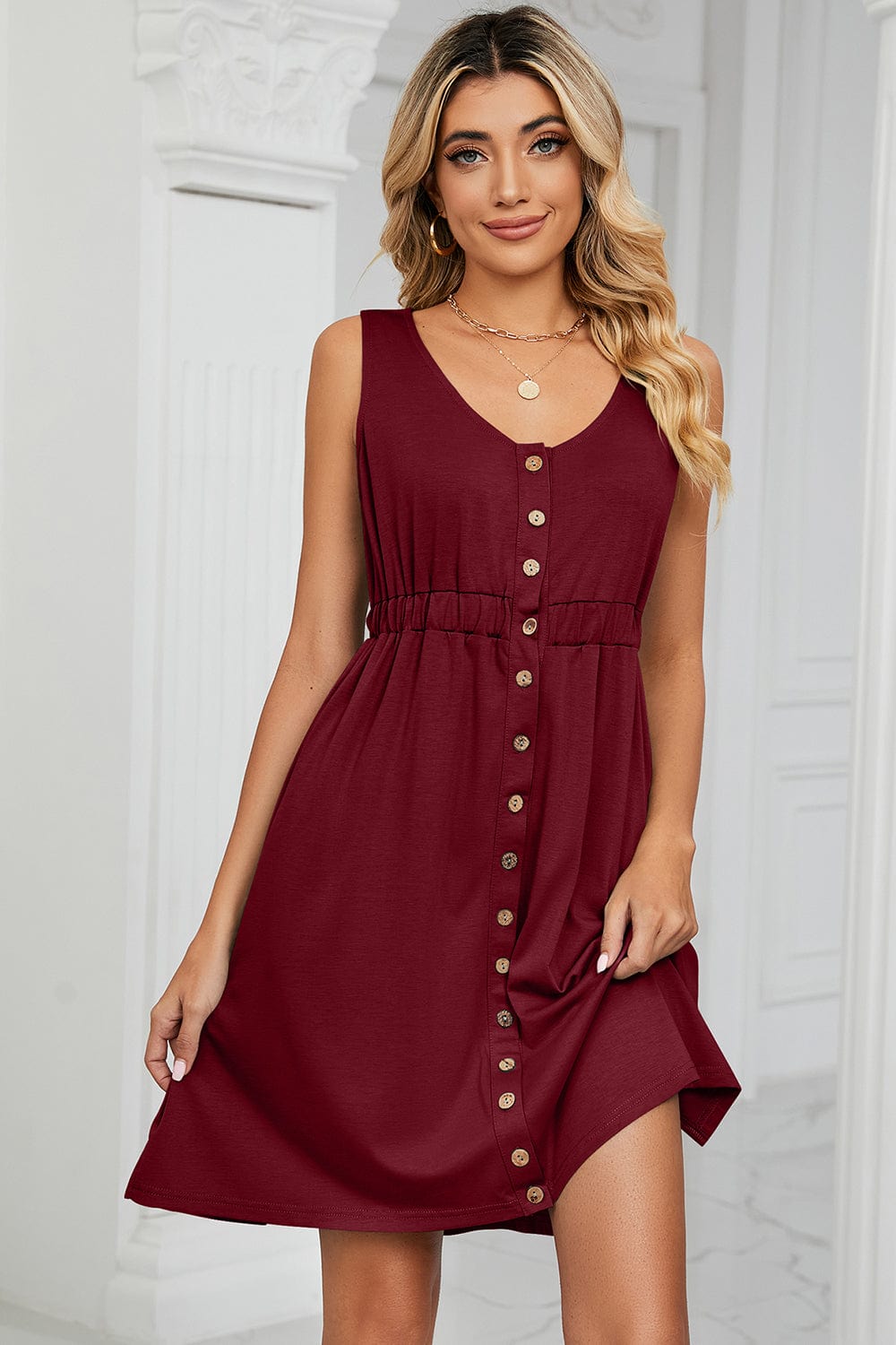 Trendsi Buttoned Wide Strap Mini Dress Buttoned Wide Strap Mini Dress