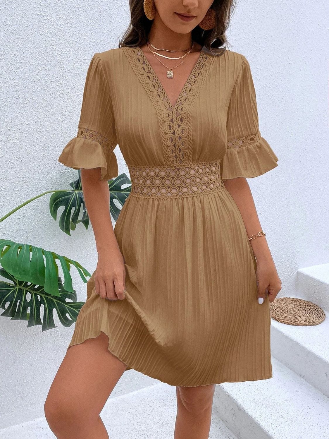 Trendsi Camel / S Cutout V-Neck Flounce Sleeve Mini Dress Cutout V-Neck Flounce Sleeve Mini Dress