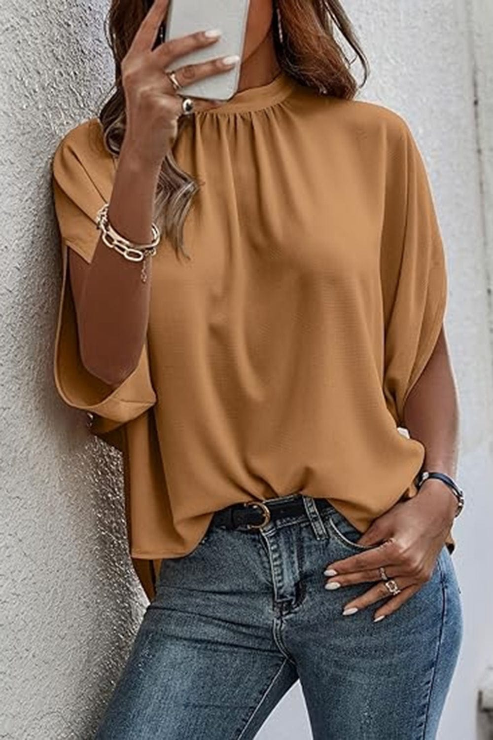 Trendsi Camel / S Tie Back Slit Half Sleeve Blouse Tie Back Slit Half Sleeve Blouse