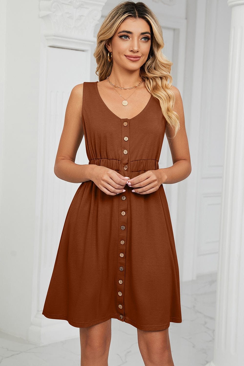 Trendsi Caramel / S Buttoned Wide Strap Mini Dress Buttoned Wide Strap Mini Dress