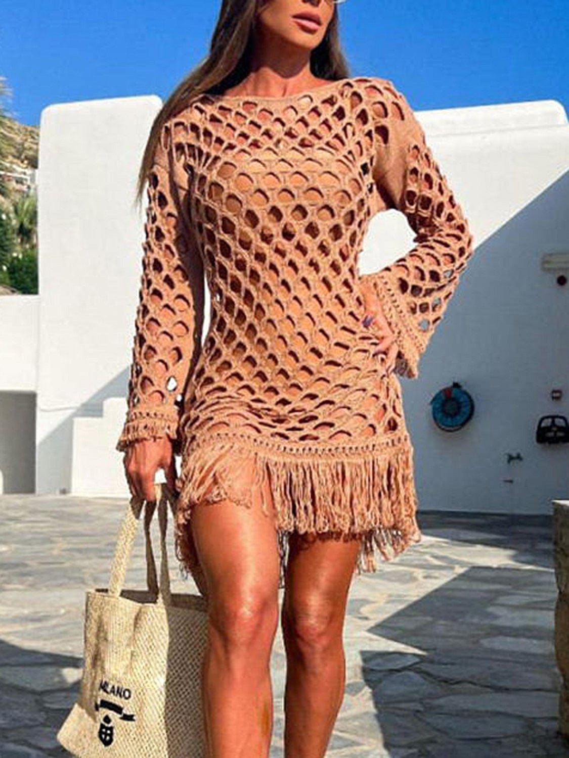 Trendsi Caramel / S Fringe Cutout Long Sleeve Cover Up Fringe Cutout Long Sleeve Cover Up